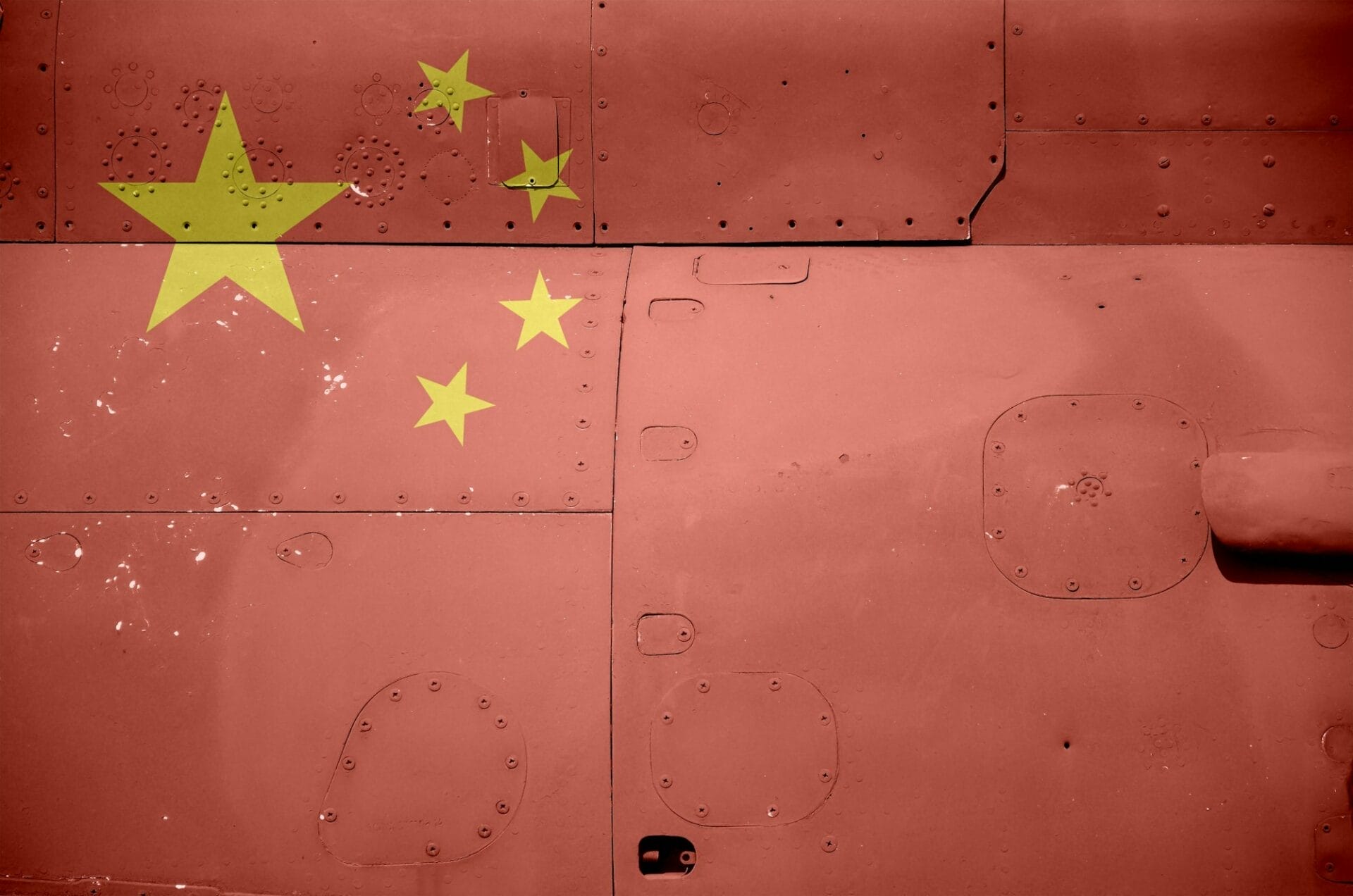 China flag depicted on side part of military armored helicopter close up