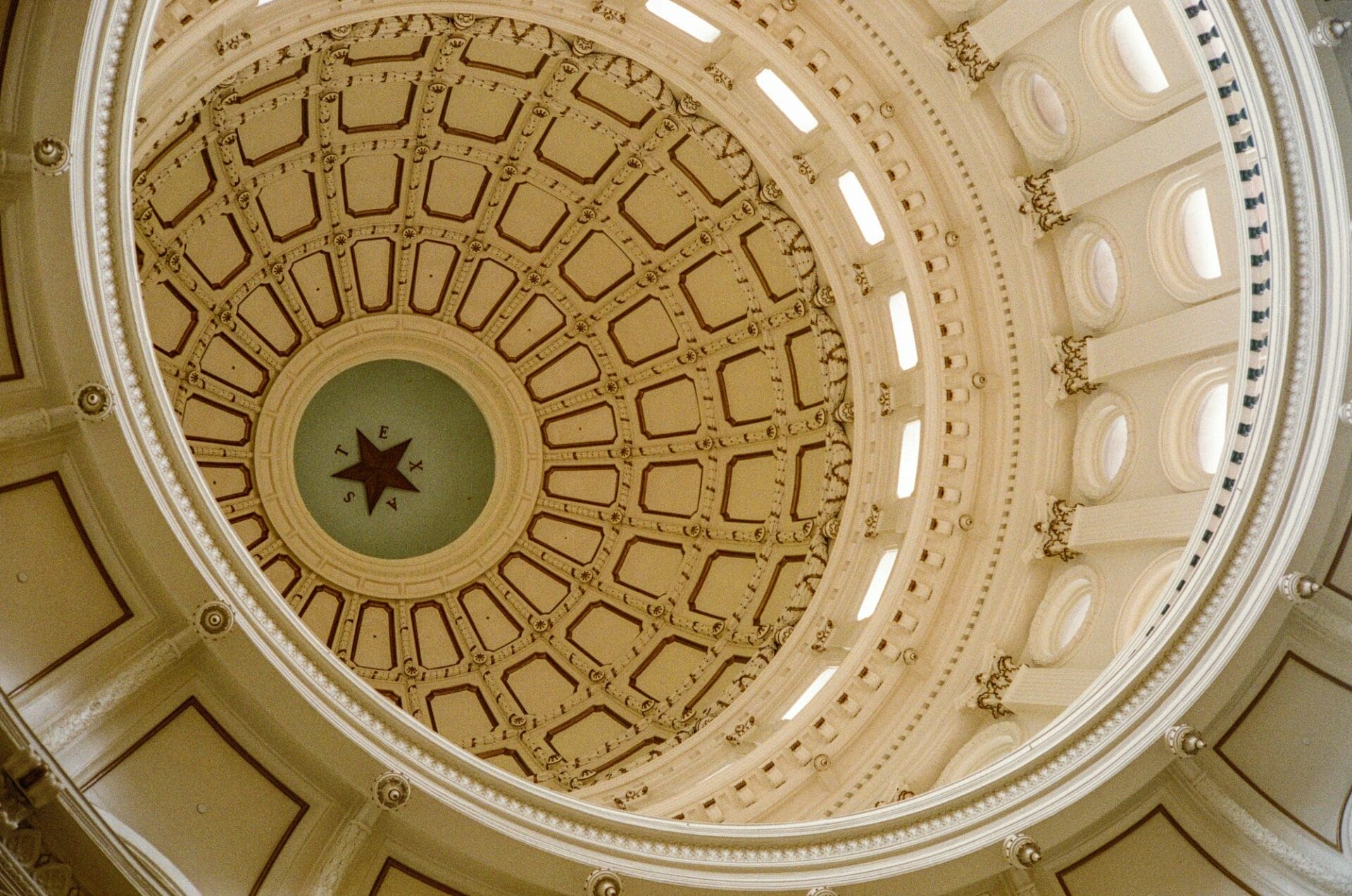Low angle shot of the Texas State Capitol dome interior design in Austin, Texas