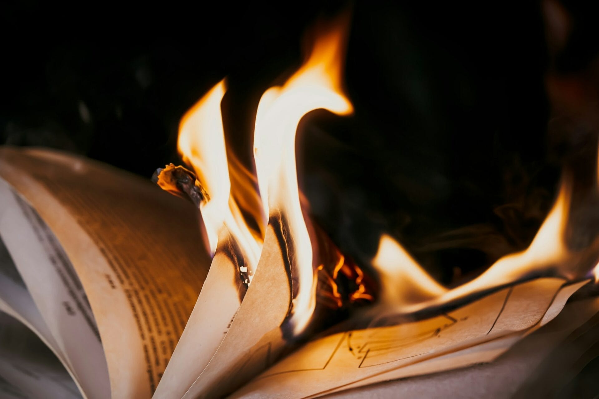 Open book is on fire, pages are engulfed in flames. Concept of censorship, prohibition of freedom